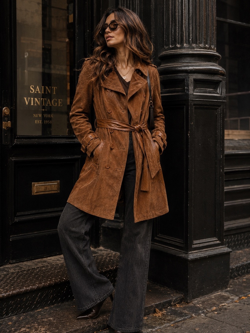 Vintage Bebe Brown Suede & Leather Trench Coat Size Medium Animal Print Lined